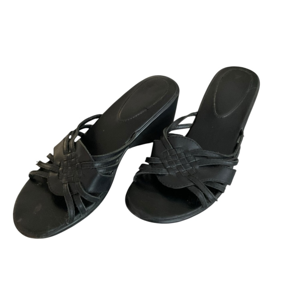 NICKELS LIFE Women’s Wedge Sandles Black Leather Size 8 - Picture 2 of 4